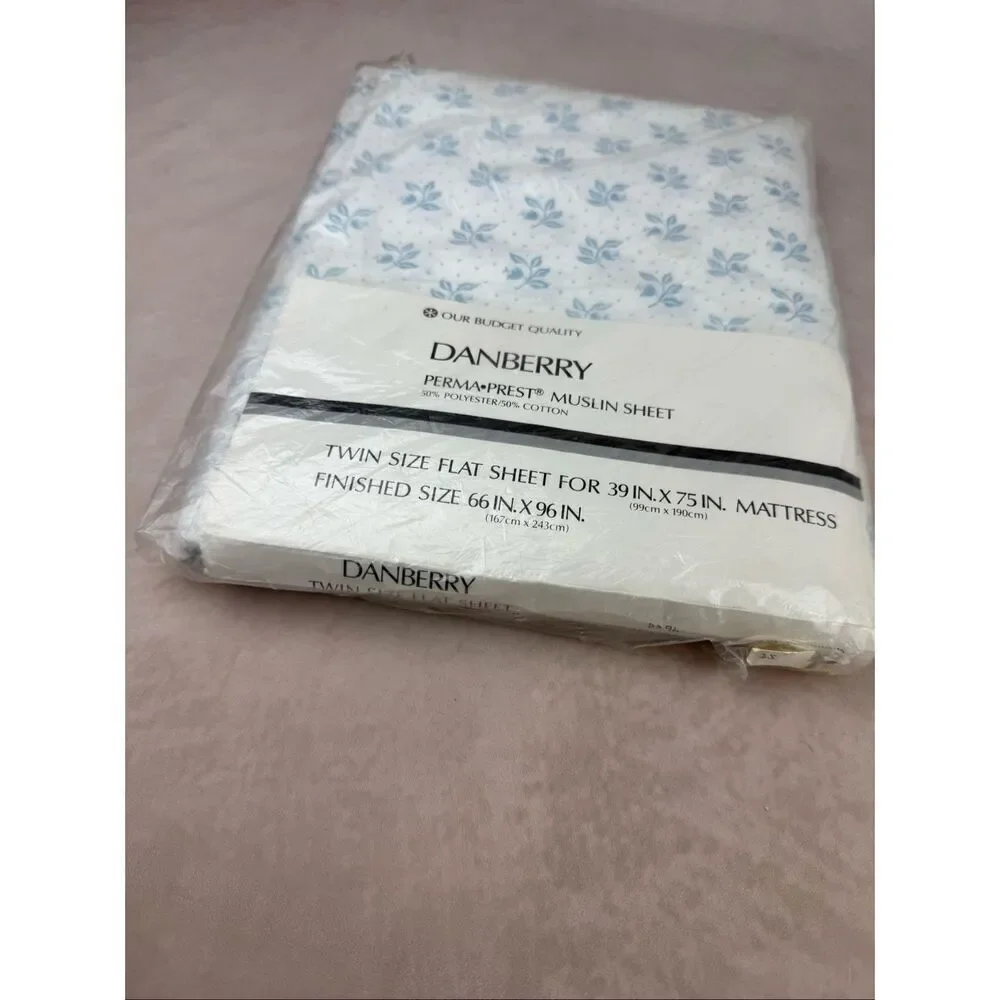 Vintage Twin Flat Sheet NOS Danberry Blue and White Floral Cottagecore